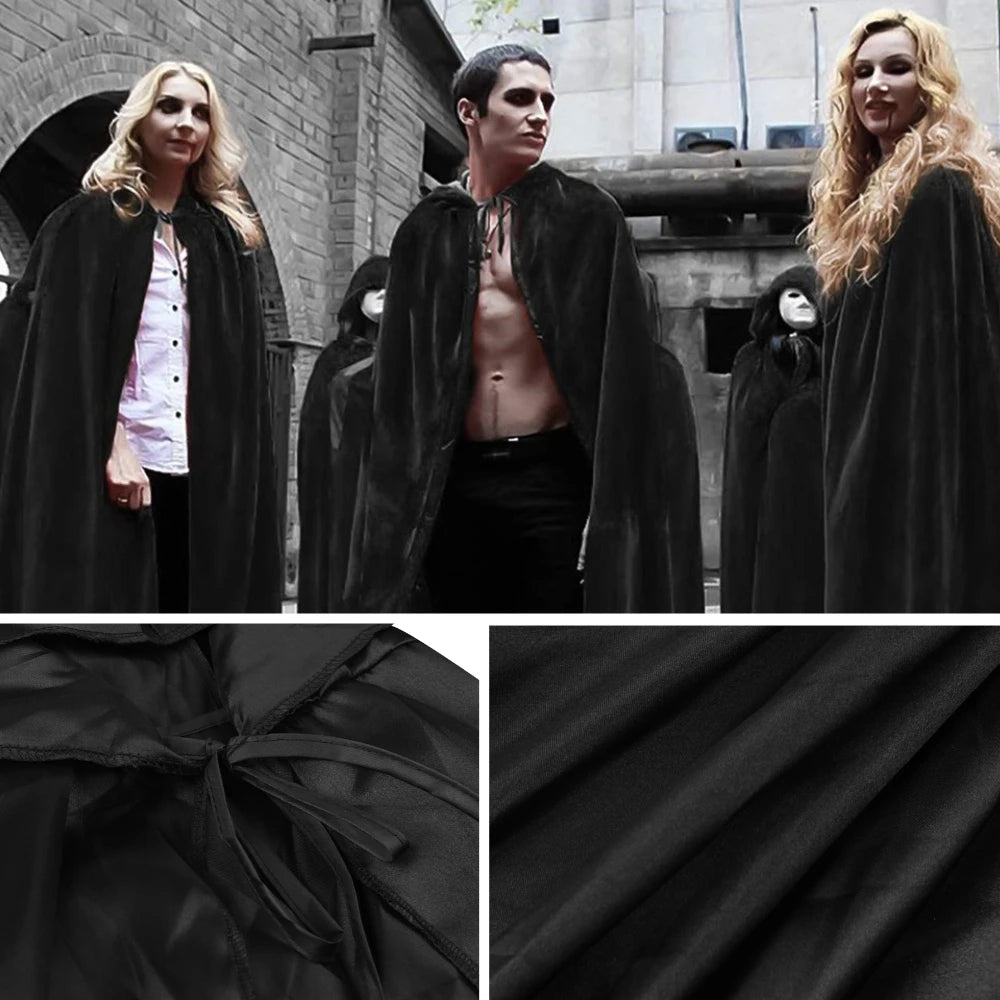 Halloween Cloak Soft Unisex Hooded Black Robe Witch Long Cape Cosplay Costume Prop Party Performance Supplies Holiday Decoration