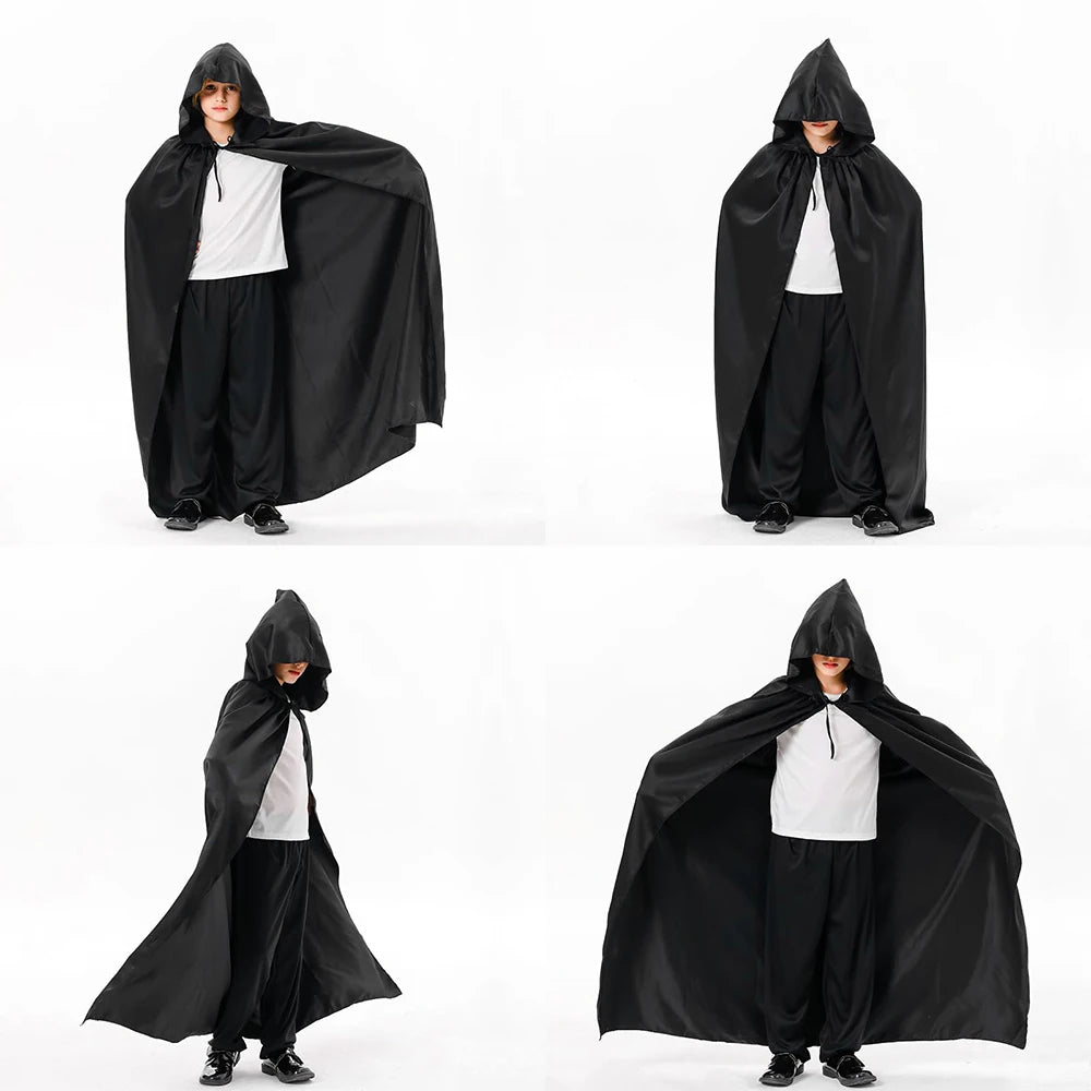 Halloween Cloak Soft Unisex Hooded Black Robe Witch Long Cape Cosplay Costume Prop Party Performance Supplies Holiday Decoration